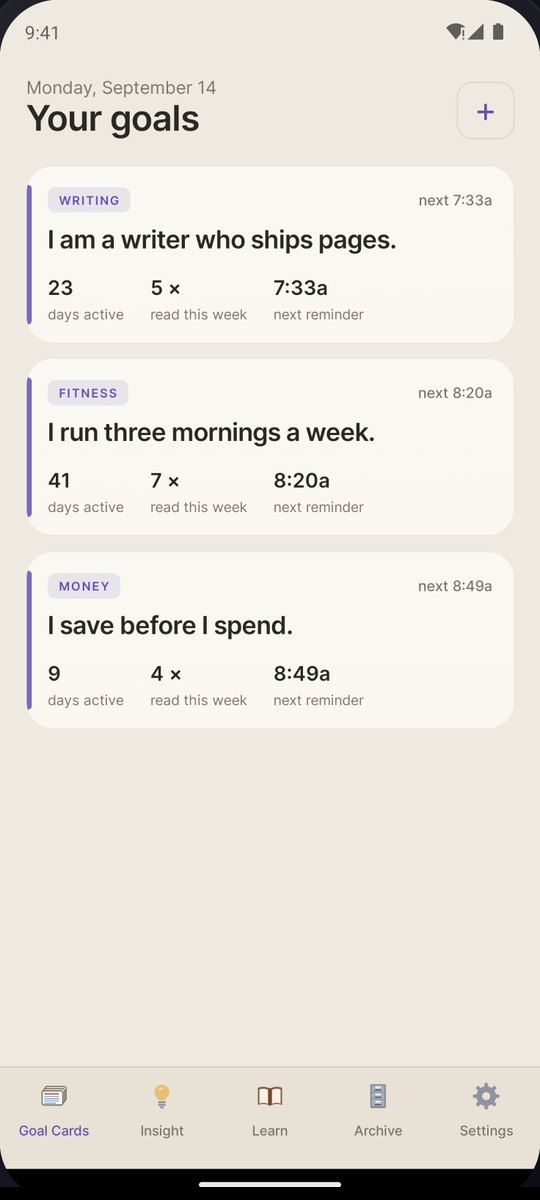 Your goals: three cards, each with days active, reads this week, and the next reminder time