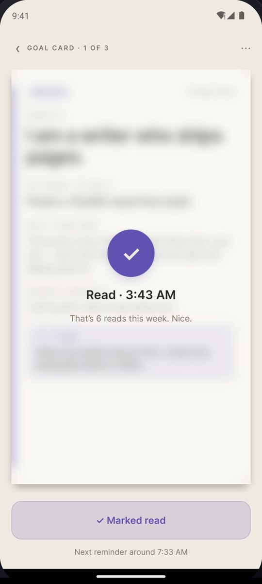 A goal card marked read at 3:43 AM, six reads this week