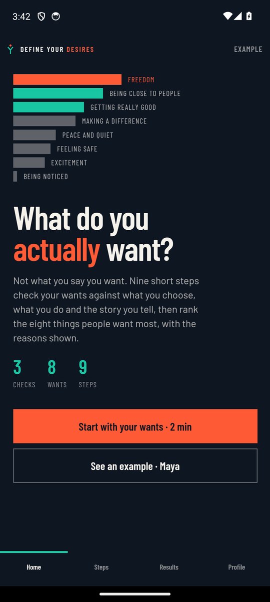 Define Your Desires home screen: a ranked list of eight wants and the question What do you actually want?