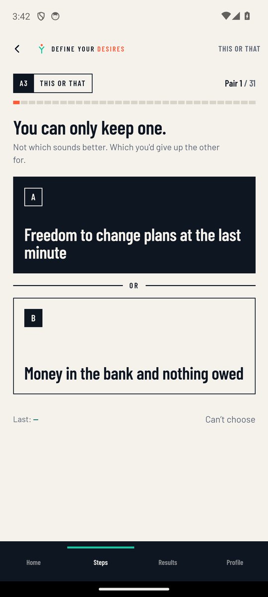 This or That step: you can only keep one of two wants