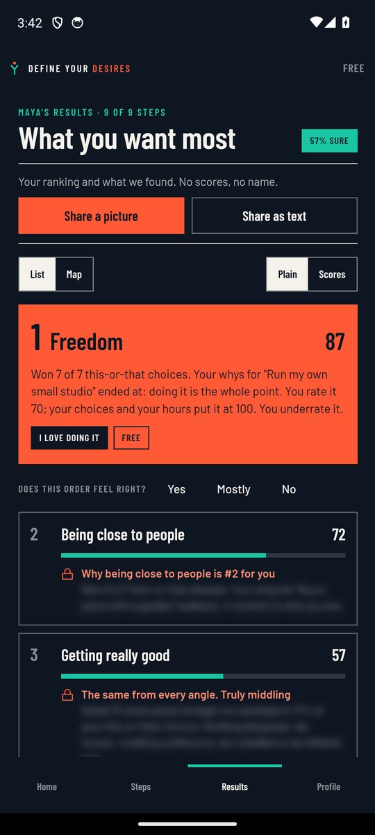 Results screen: Freedom ranked first with the reasons shown, and a question asking whether the order feels right