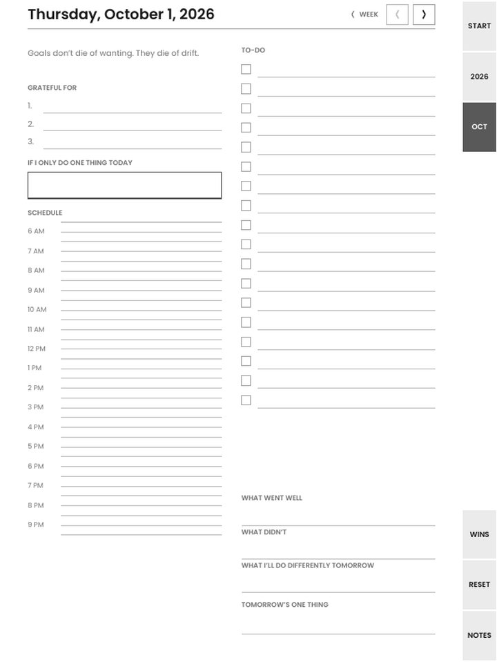 A daily page: one thing, schedule, to-do, and the evening three