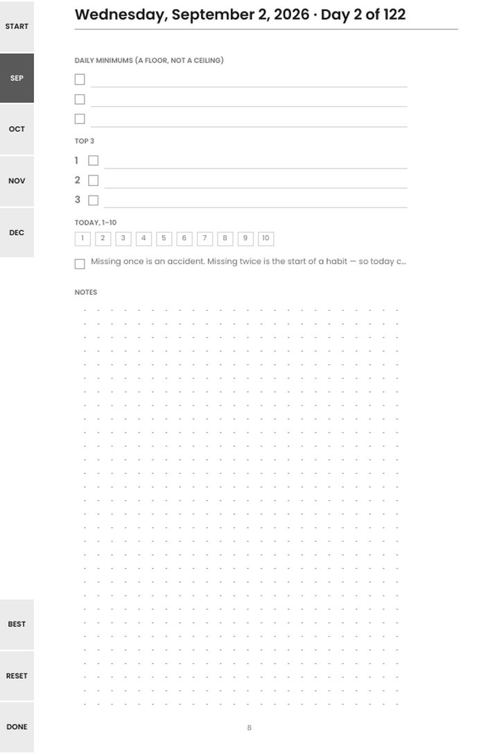 A program day on the 6 × 9 interior, with the dot-grid notes area