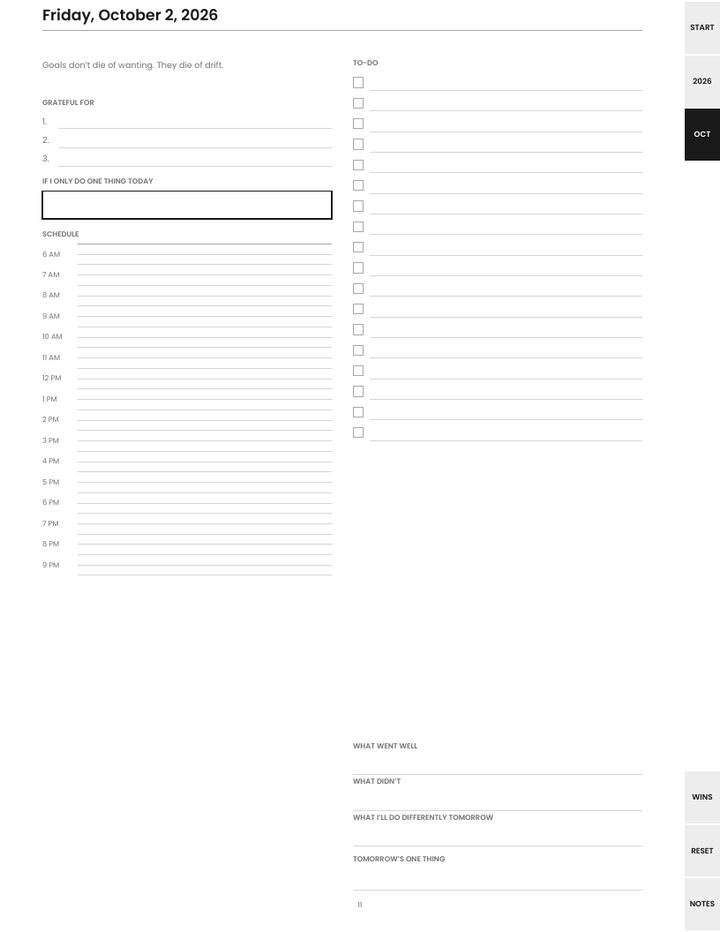 A daily page on Letter: one thing, schedule, to-do, and the evening three