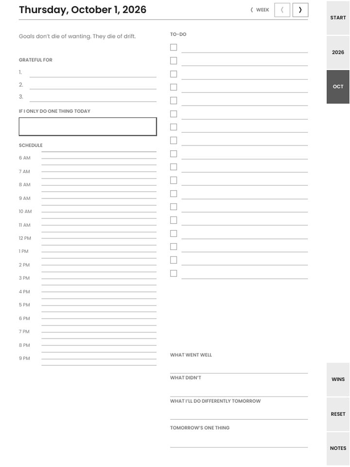 A daily page on the Manta: one thing, schedule, to-do, evening three