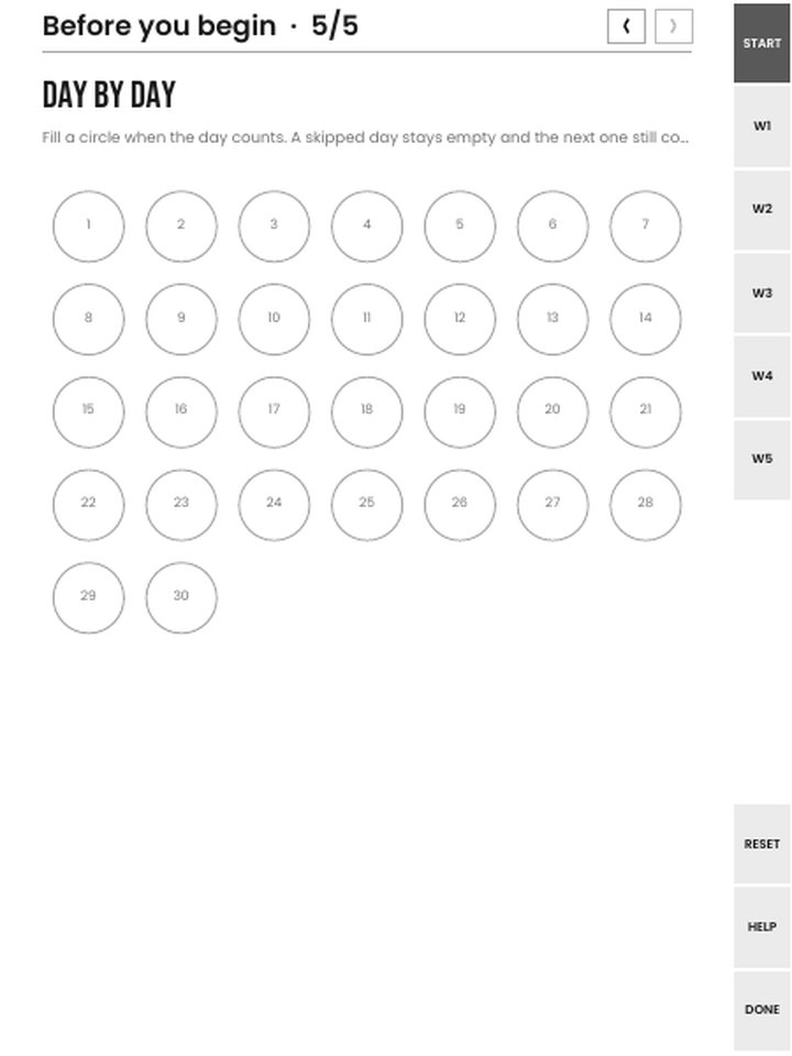 Day 1 of 30 on the Nomad's compact layout: day count, just for today, pledge and review