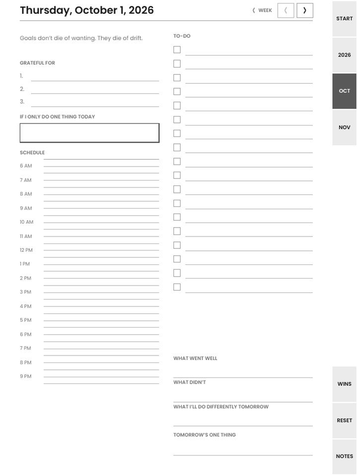 A daily page: one thing, schedule, to-do, and the evening three
