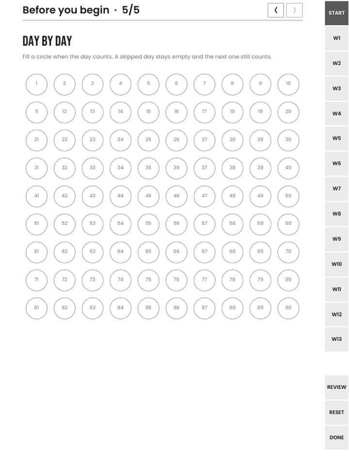 The day-by-day countdown grid; each circle links to its day