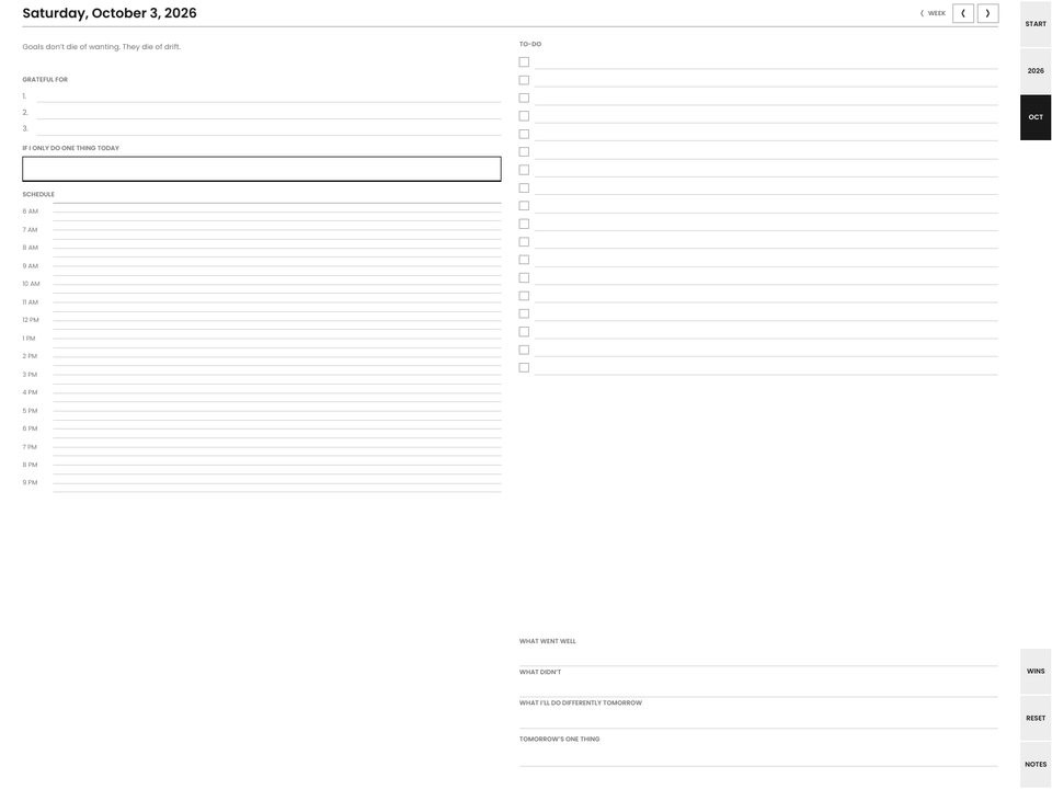 A daily page in landscape: columns for the one thing, schedule and evening three