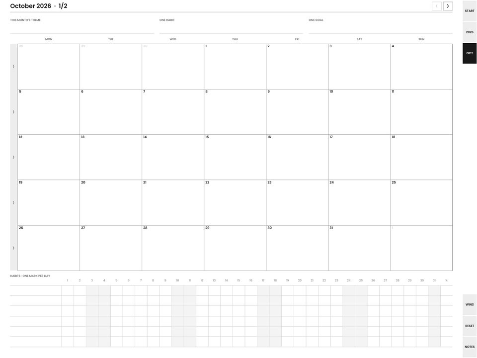 October month grid in landscape, each day cell a link